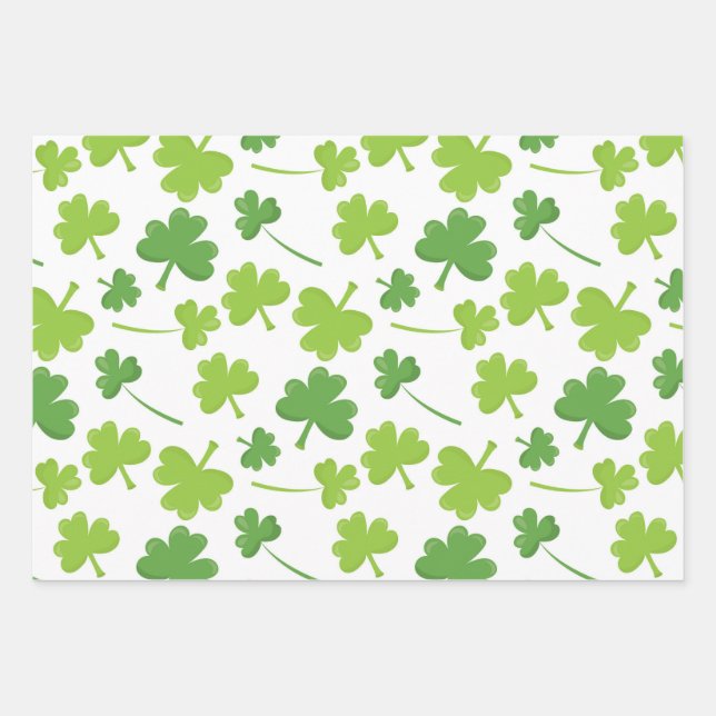 Lovely Irish Clovers Green and White Wrapping Paper Sheet (Front)