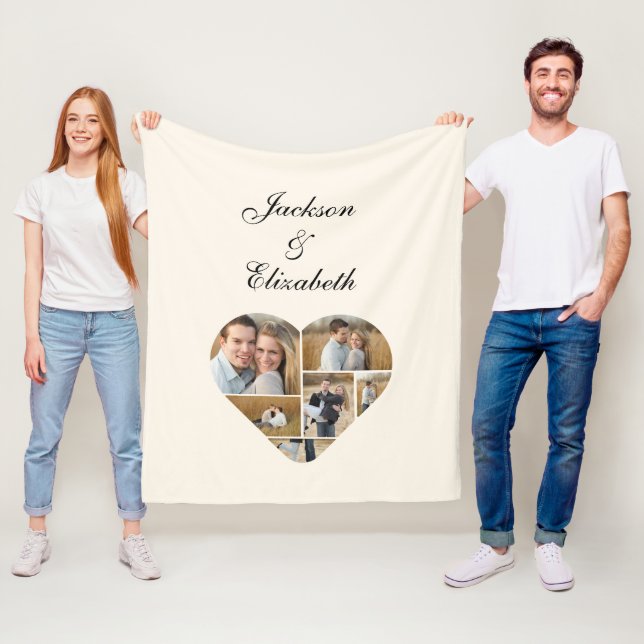 Lovely Ivory Heart Photo Collage Personalised  Fleece Blanket (In Situ)
