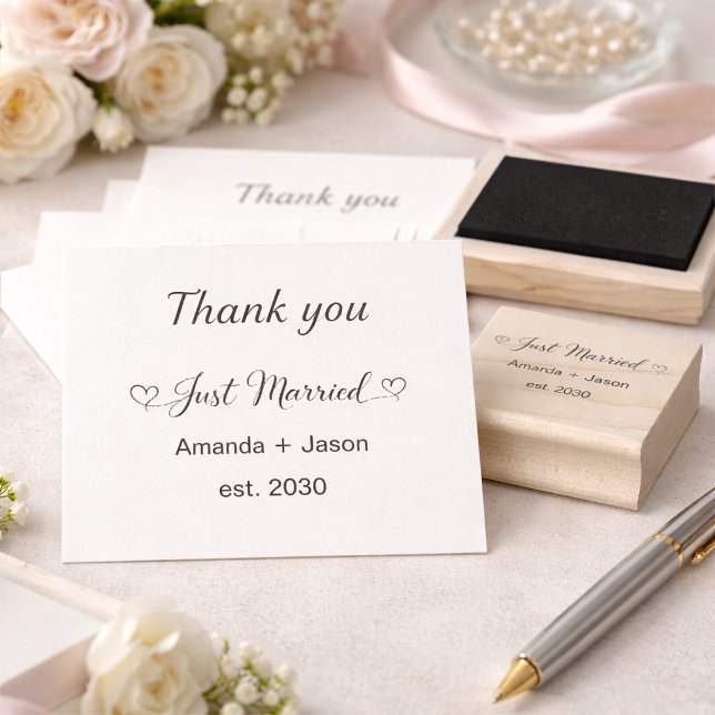 Lovely Just Married Hearts Black Script Rubber Stamp (Creator Uploaded)