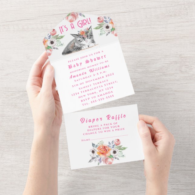 Lovely Kitten Flowers Pink It's a Girl Baby Shower All In One Invitation (Tearaway)