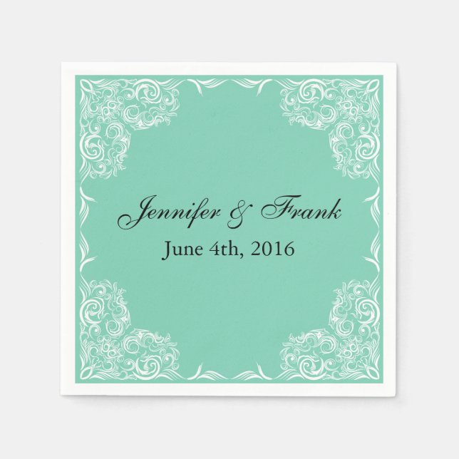 Lovely Lace Frame Aqua Wedding Napkin (Front)