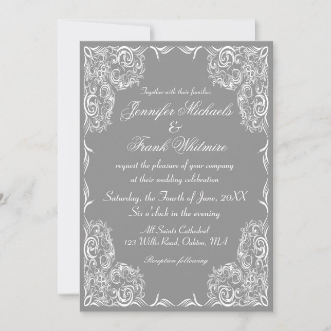 Lovely Lace Frame Grey Wedding Invitation (Front)