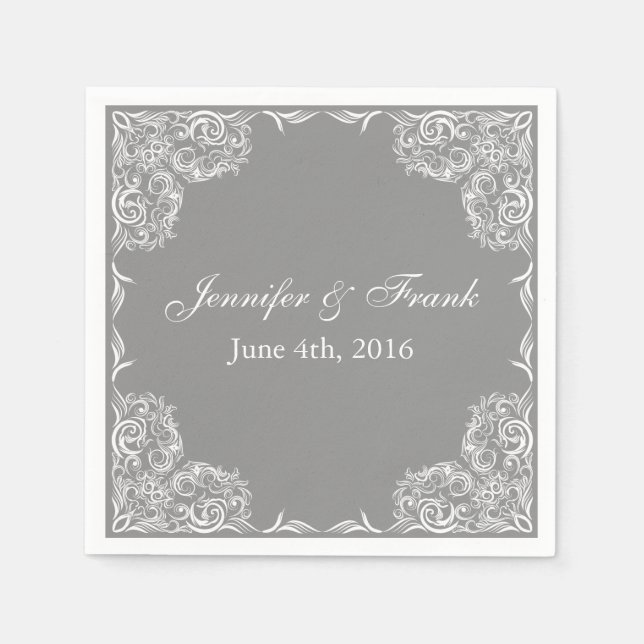 Lovely Lace Frame Grey Wedding Napkin (Front)