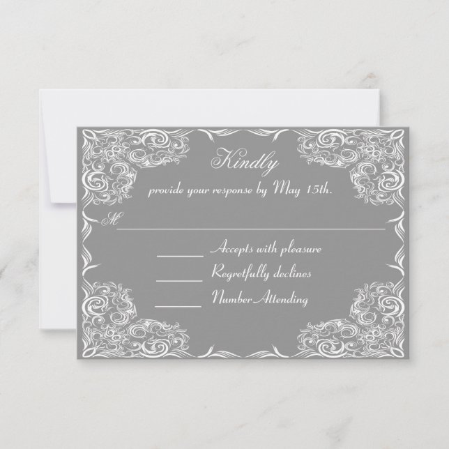 Lovely Lace Frame Grey Wedding RSVP Card (Front)