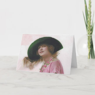 Lovely Lady Big Green Hat Greeting Card