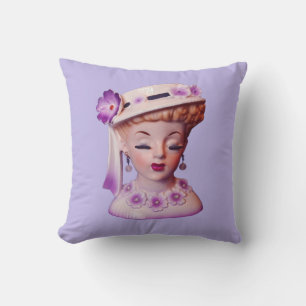 Lovely Lady Head Vase Purple Flowers 1960s Doll Cushion
