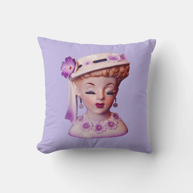 Lovely Lady Head Vase Purple Flowers 1960s Doll Cushion (Front)