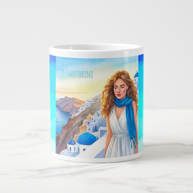 Lovely Lady in a blue Scraft  Enjoying Santorini Large Coffee Mug (Front)