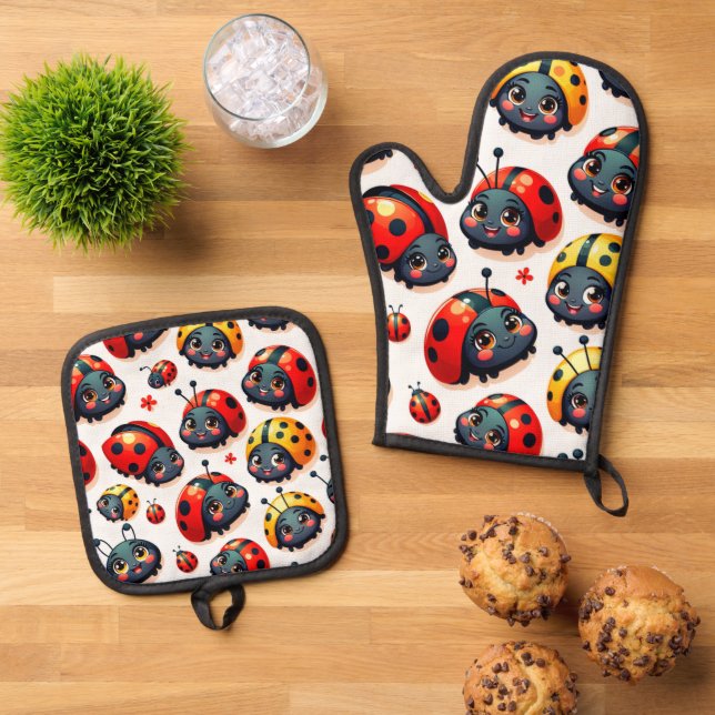Lovely Ladybugs Oven Mitt & Pot Holder Set (Top Down)