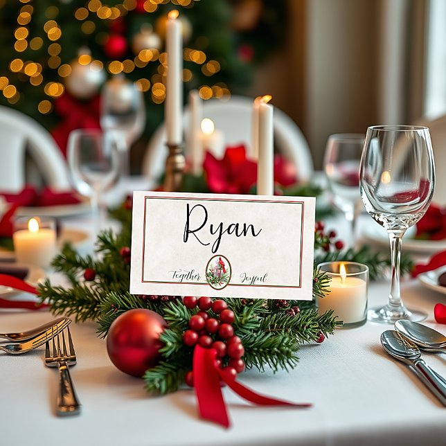 Lovely lantern with holly and cardinal Christmas Place Card (Creator Uploaded)