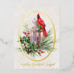 Lovely lantern with holly and cardinal foil holiday card