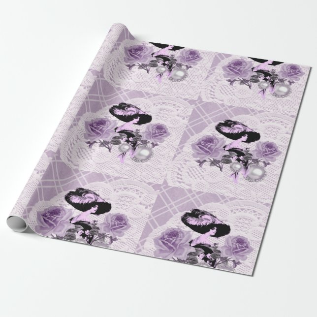 Lovely Lavender Lady Vintage Lace Wrapping Paper (Unrolled)