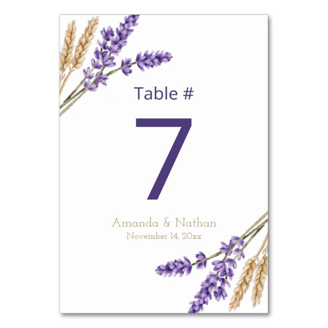Lovely Lavender & Wheat Wedding Table Number (Front)