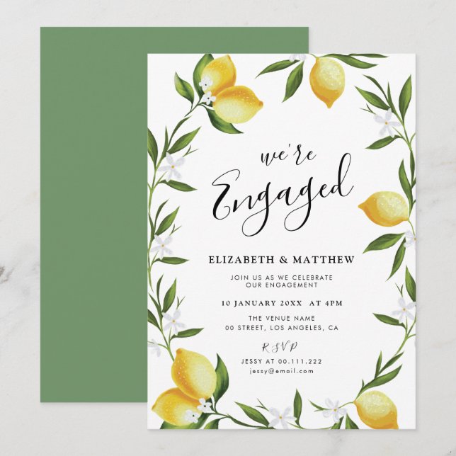 lovely lemon foliage engagement party invitation (Front/Back)