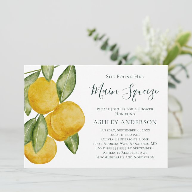 Lovely Lemon Tree Watercolor Bridal Shower Invitation (Standing Front)