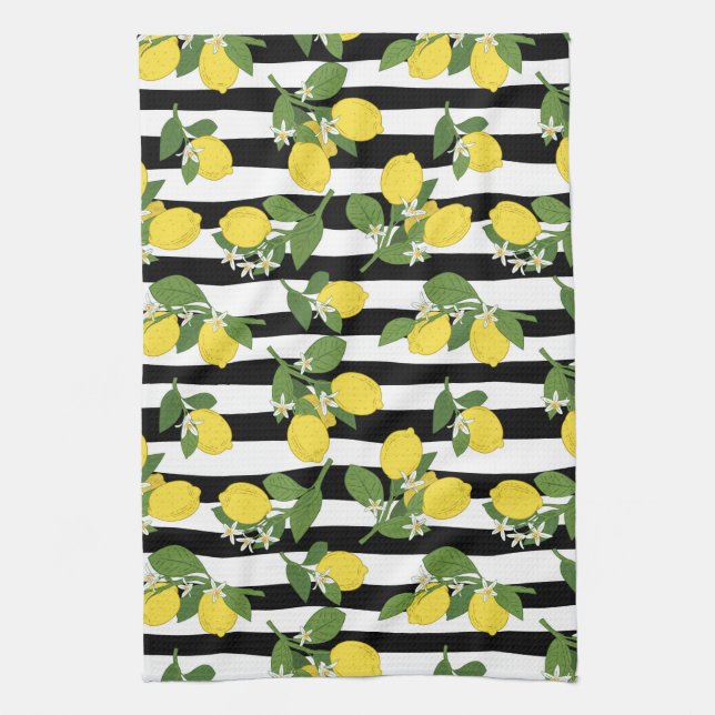 Lovely Lemons and Blossoms on Stripes Tea Towel (Vertical)