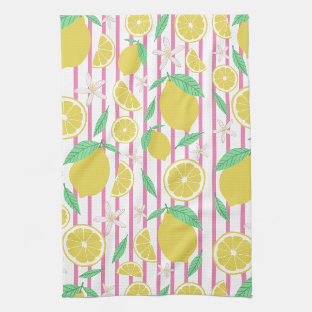 Lovely Lemons Flowers Lemonade Striped Pattern Tea Towel (Vertical)