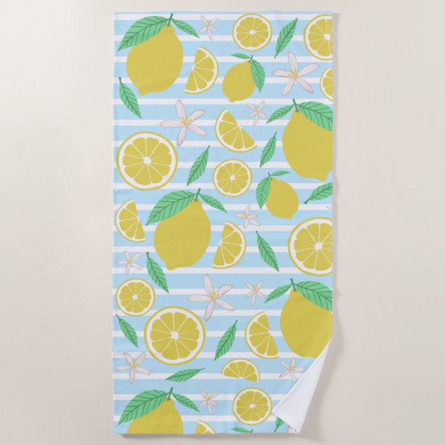 Lovely Lemons Striped Fresh Citrus Fruit Beach Towel (Front)