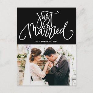 Lovely Lettering Black Just Married Photo Wedding Announcement Postcard
