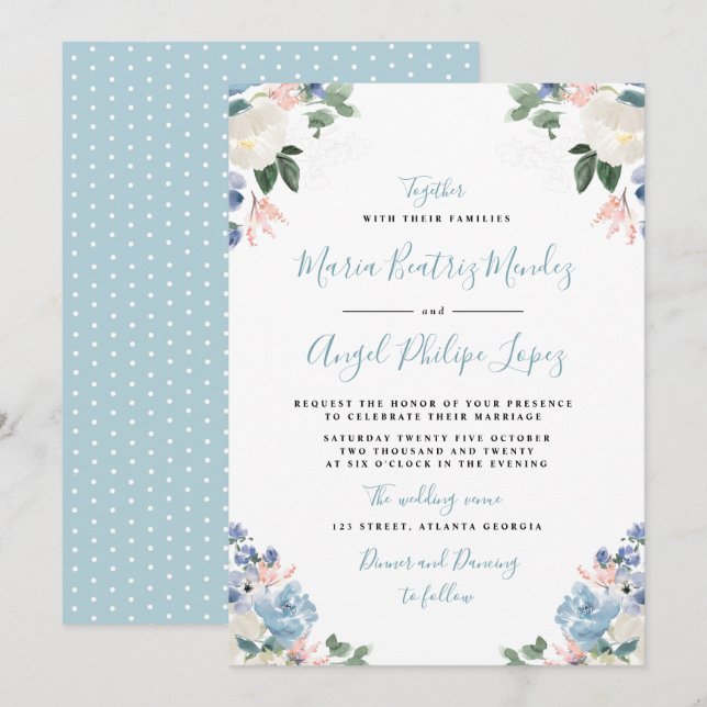Lovely light blue watercolor floral wedding invitation (Front/Back)
