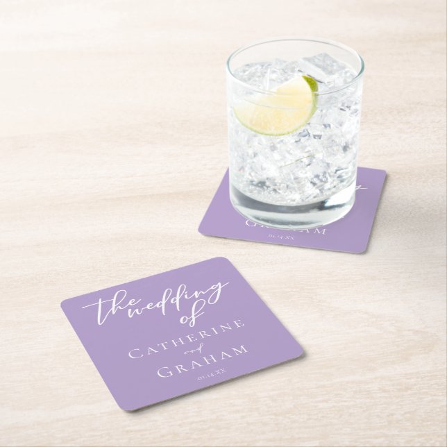 Lovely Lilac Purple White Personalised Wedding Square Paper Coaster (Insitu)