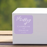 Lovely Lilac Purple White Typography Wedding Square Sticker<br><div class="desc">This lovely lilac wedding sticker features beautiful white typography on a soft purple background for a spring afternoon ceremony. Lavender pastel labels are a pretty choice for a light garden occasion.</div>