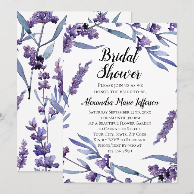 Lovely Lilac Watercolor Elegant Bridal Shower Invitation (Front/Back)
