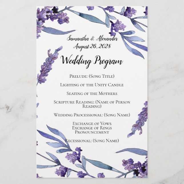 Lovely Lilac Watercolor Elegant Wedding Program (Front)