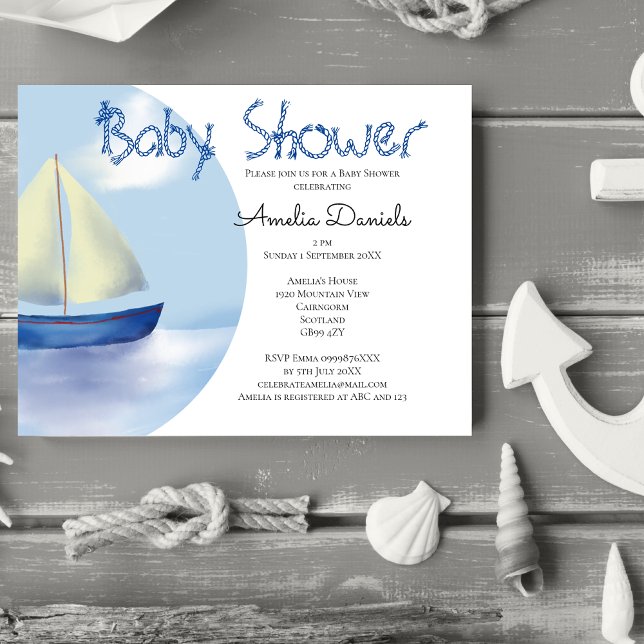 Lovely Little Blue Sailboat Baby Shower by Mail Invitation (Drop anchor for a super cute baby shower with a nautical theme.)