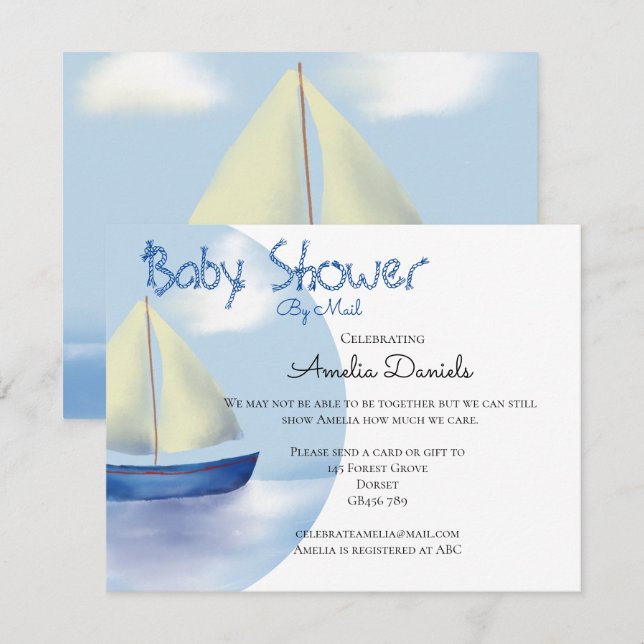 Lovely Little Blue Sailboat Baby Shower by Mail Invitation (Front/Back)