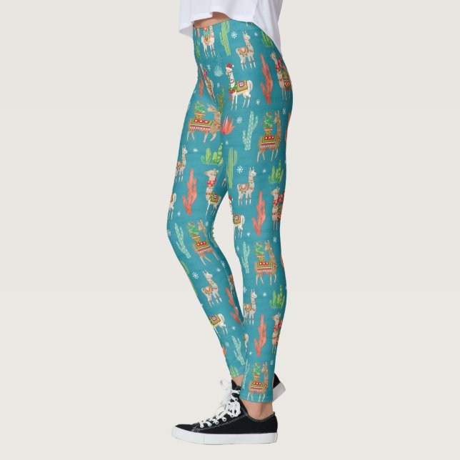 Lovely Llamas Christmas Teal Pattern Leggings (Left)