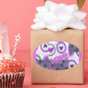 Lovely Love Heart Motif Art Print Oval Sticker