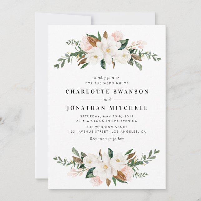 Lovely magnolia watercolor floral wedding invitation (Front)