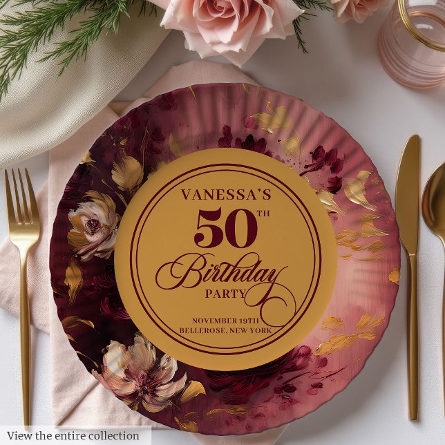 Lovely Maroon Blush Gold Floral 50th Birthday   Paper Plate (Lovely Maroon Blush Gold Floral 50th Birthday Paper Plates)