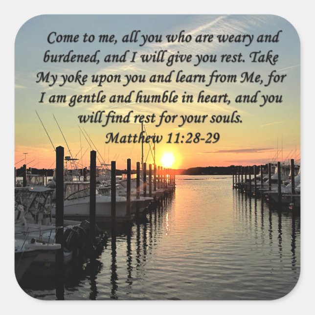 LOVELY MATTHEW 11:28 SUNSET OVER THE LAKE PHOTO SQUARE STICKER (Front)