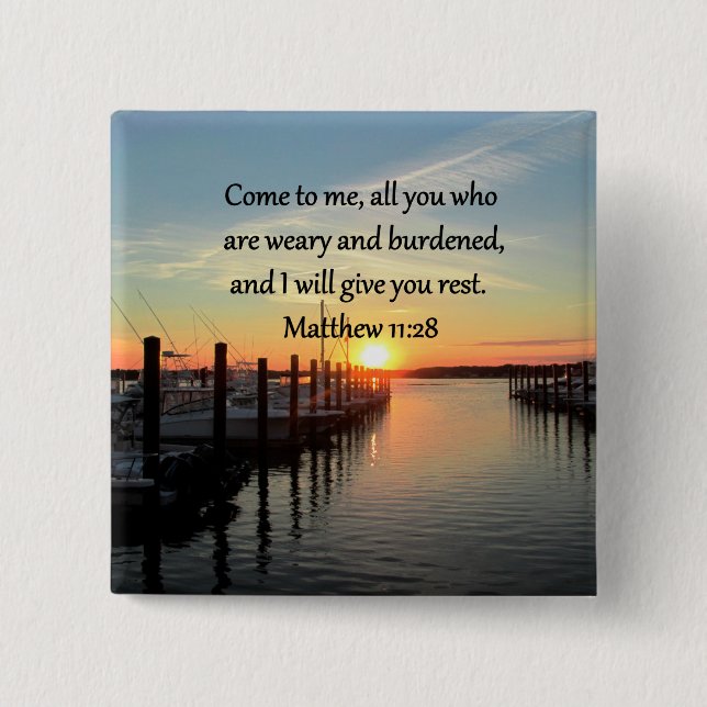 LOVELY MATTHEW 11:28 SUNSET SCRIPTURE 15 CM SQUARE BADGE (Front)
