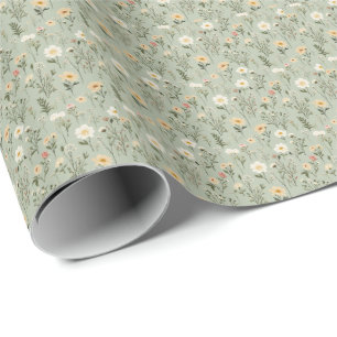 Lovely Meadow Flowers on Green Wrapping Paper