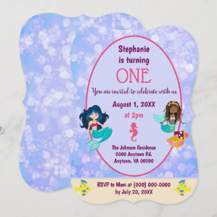 Lovely Mermaid Bokeh Design First Birthday Invitation