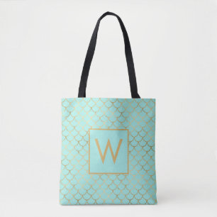 Lovely Mint and Gold Mermaid Scales Monogram   Tote Bag