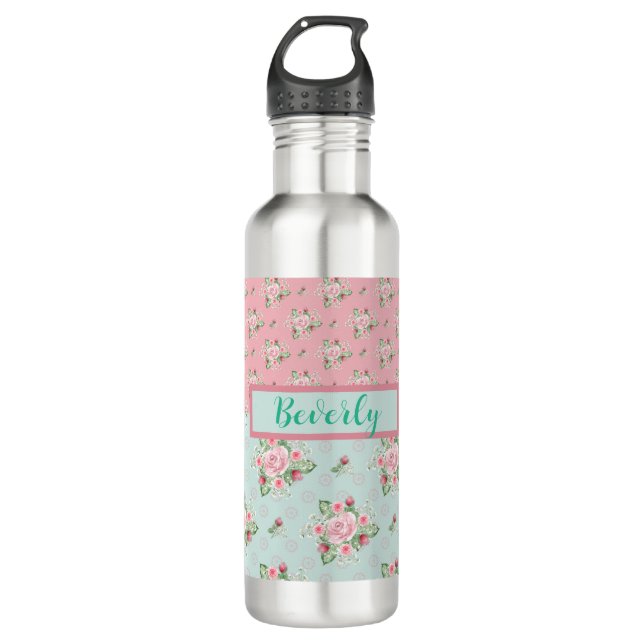 Lovely Mint Green and Pink Floral Patterns   710 Ml Water Bottle (Front)
