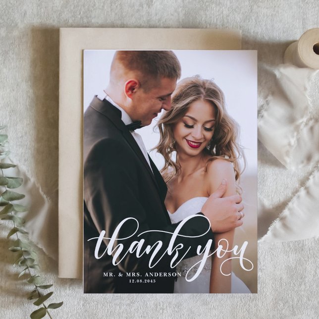 Lovely Modern Calligraphy Wedding Photo Thank You Postcard (Creator Uploaded)