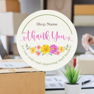 Lovely Modern Script Watercolor Floral Thank You Classic Round Sticker