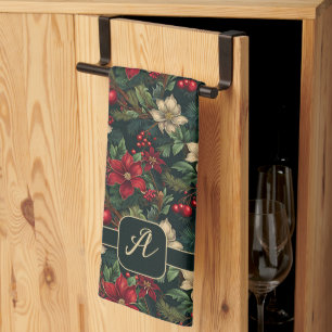 Lovely monogram  Christmas chinoiserie floral Tea Towel