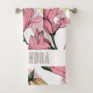 Lovely monogram hand drawn floral White and pink Bath Towel Set