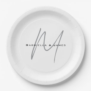 Lovely Monogrammed Black White Grey Calligraphy Paper Plate