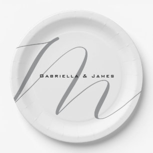 Lovely Monogrammed Black White Grey Calligraphy Paper Plate