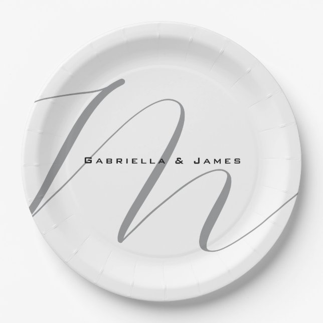 Lovely Monogrammed Black White Grey Calligraphy Paper Plate (Front)