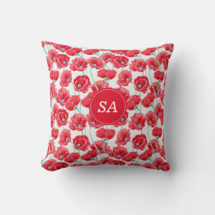 Lovely Monogrammed Red Poppies Floral White  Cushion