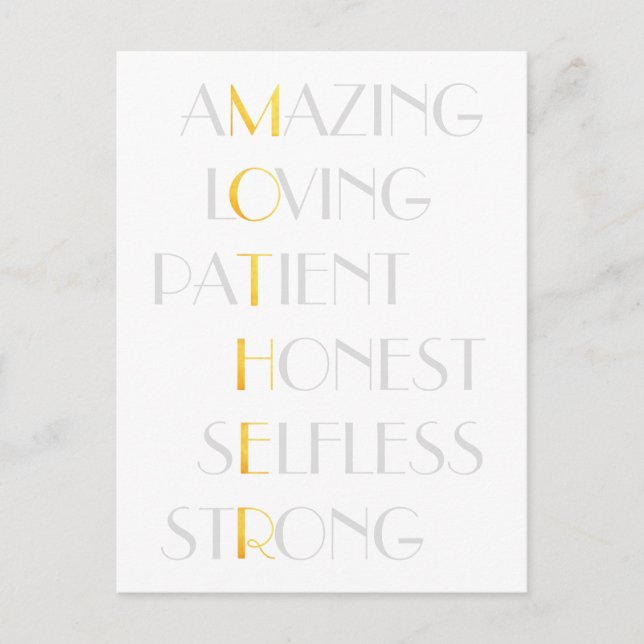 Lovely Mothers Gold Acrostic Poem Typography Gift Postcard (Front)