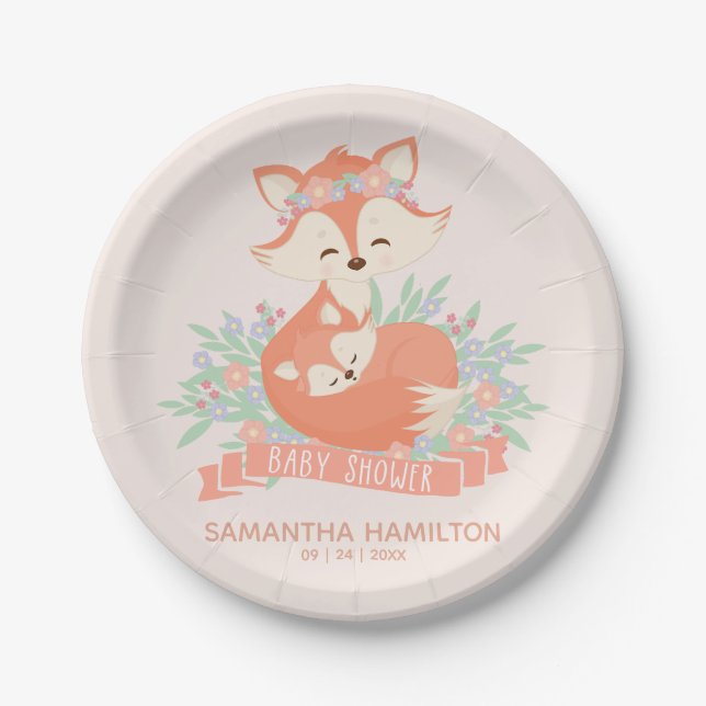 Lovely Mummy and Baby Fox Woodland Baby Shower Paper Plate (Front)